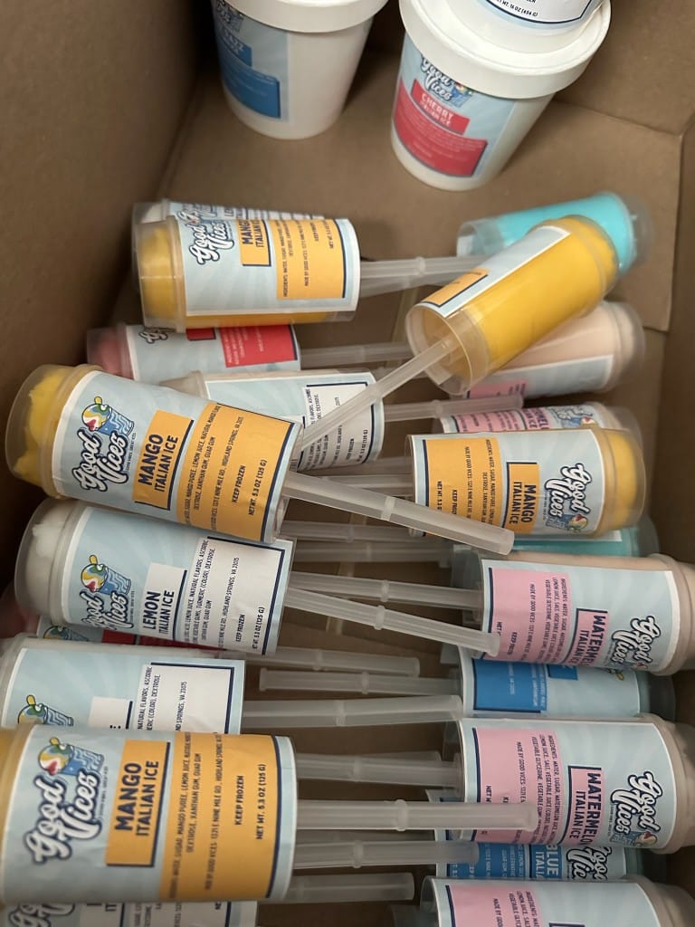 Labeled Good Vices Italian ice push pops in Mango, Lemon, Watermelon, and Blue Razz